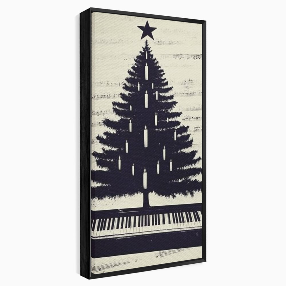 Tablou canvas cu tablou canvas cu brad din clape de pian, in rama de aluminiu negru